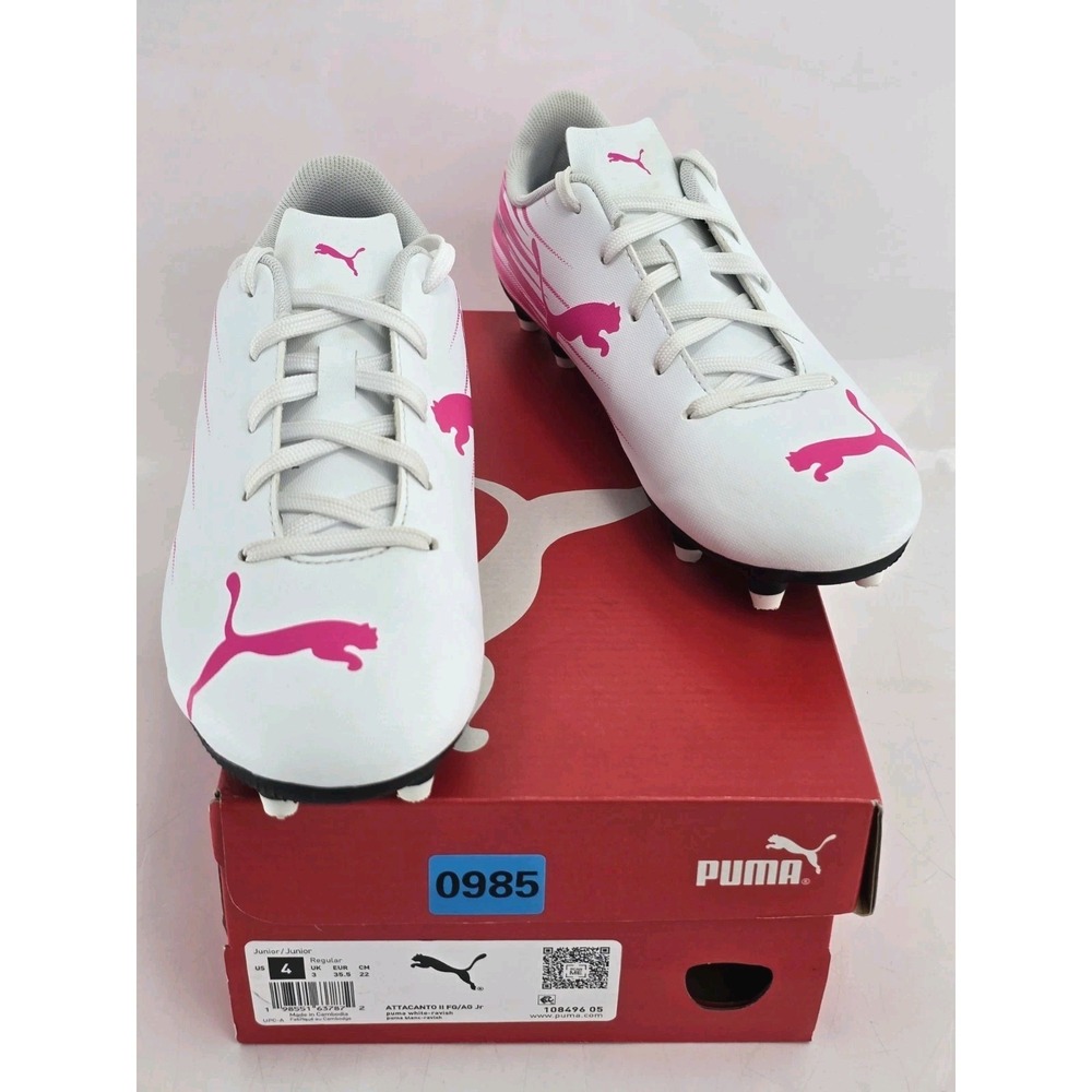PUMA Kid's Girl Attacanto Ground Sneakers White /Poison Pink Sz 4 Youth